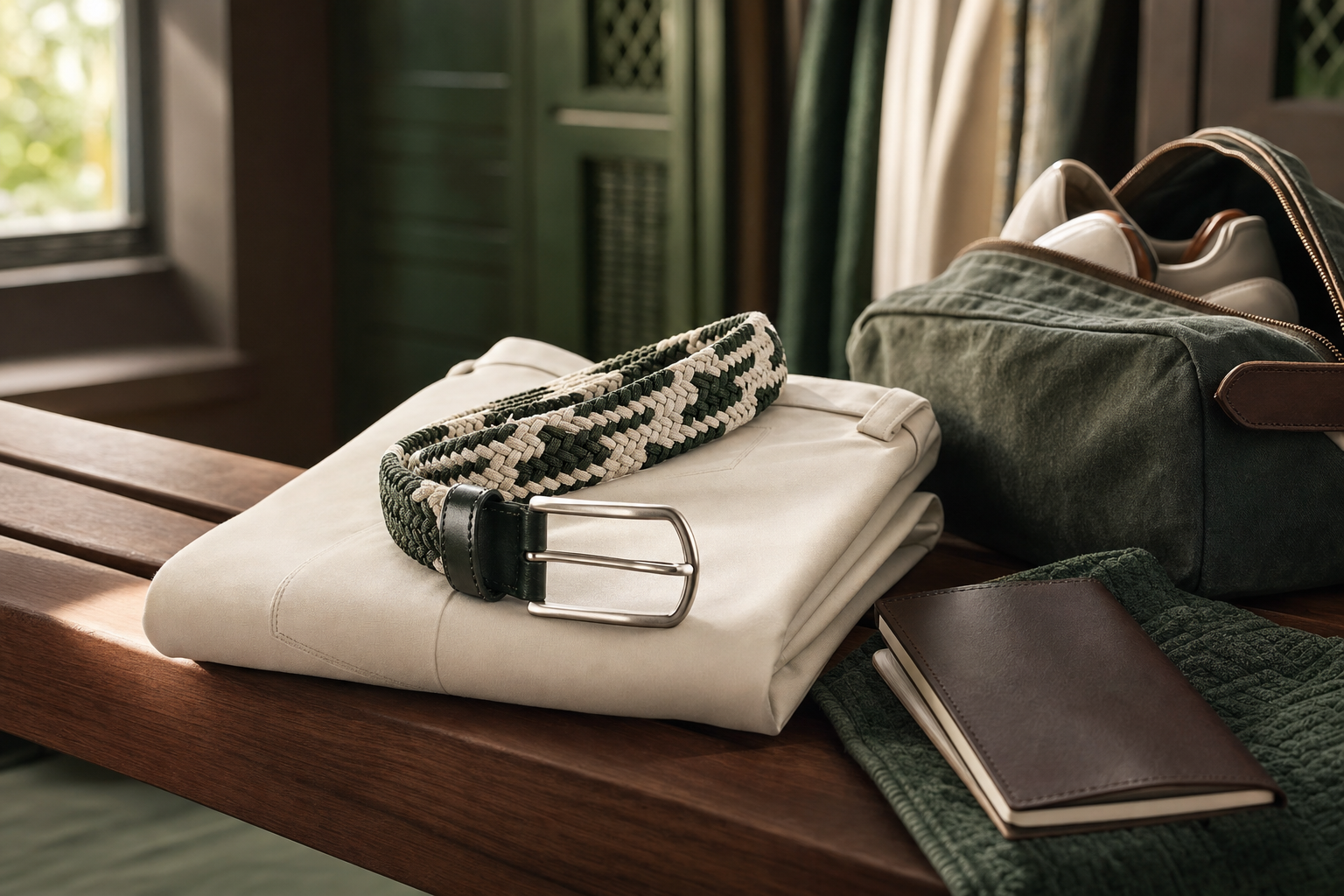 Braided leather stretch golf belt on folded pants beside a leather yardage book and waxed canvas shoe bag