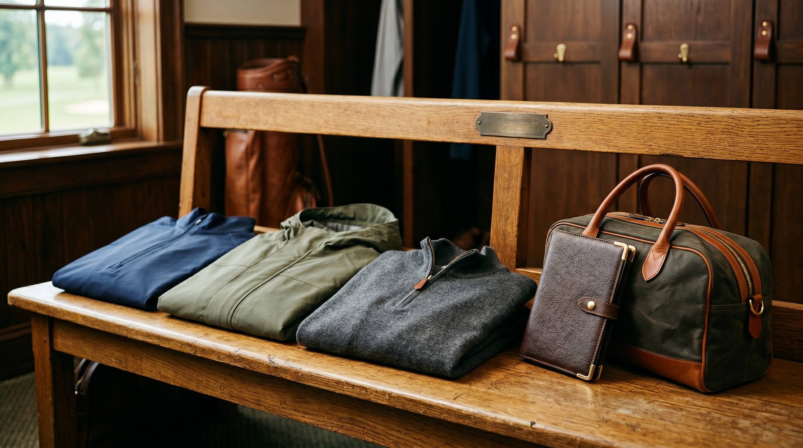 Luxury editorial photo of golf layering essentials and leather accessories arranged on a warm-toned locker room bench, no people