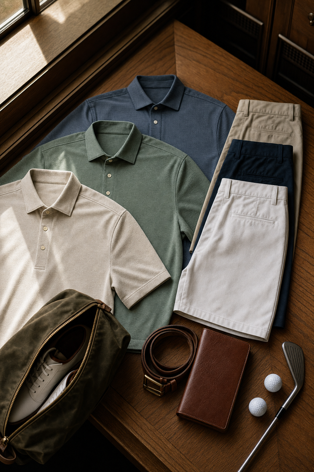 Flat lay of three premium golf polos with tailored golf shorts, leather belt, yardage book cover, and shoe bag on a wooden bench.