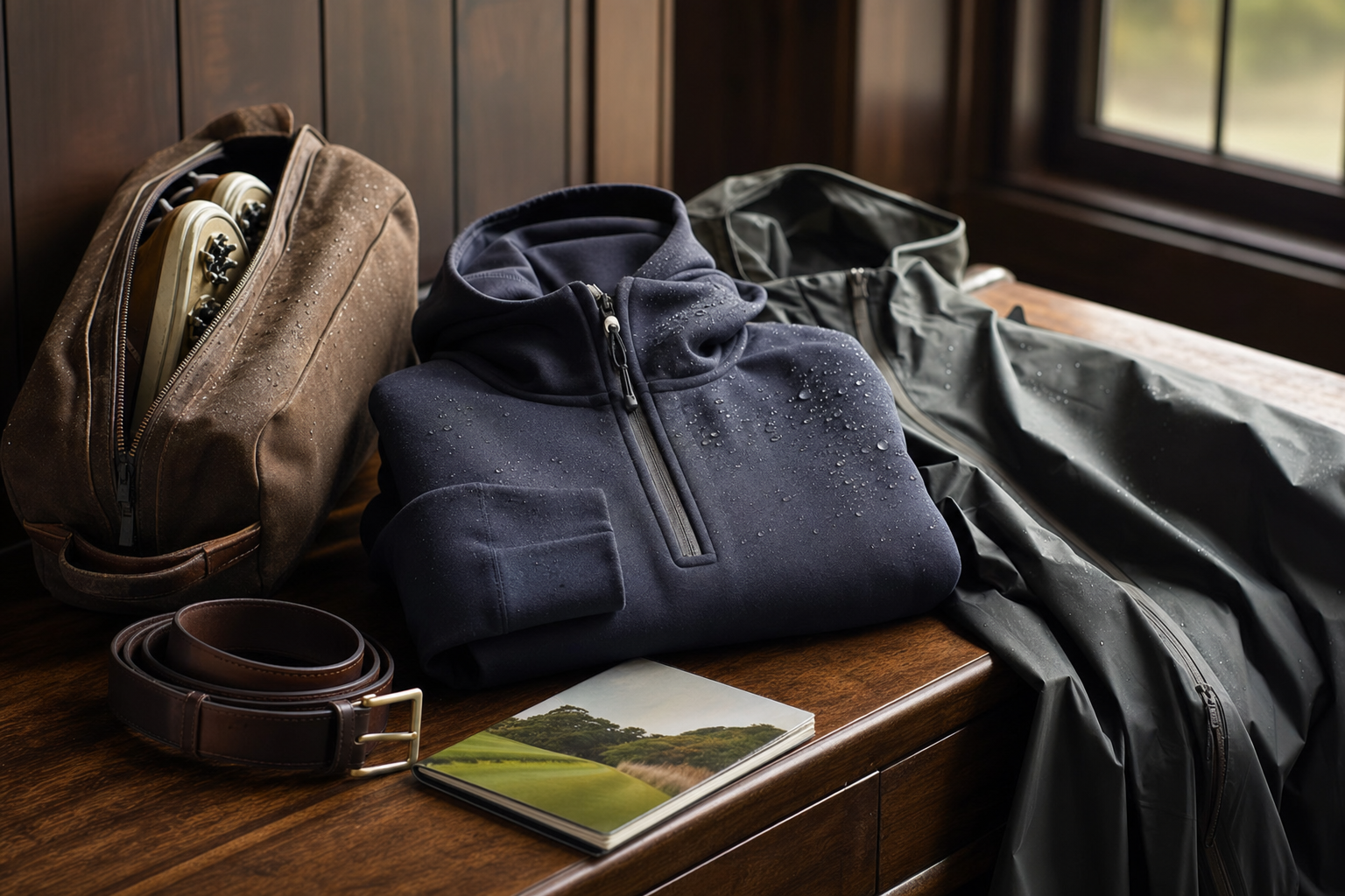 Premium golf rain gear laid out on a wooden bench with a water repellent hoodie, wind layer, shoe bag, belt, and yardage book