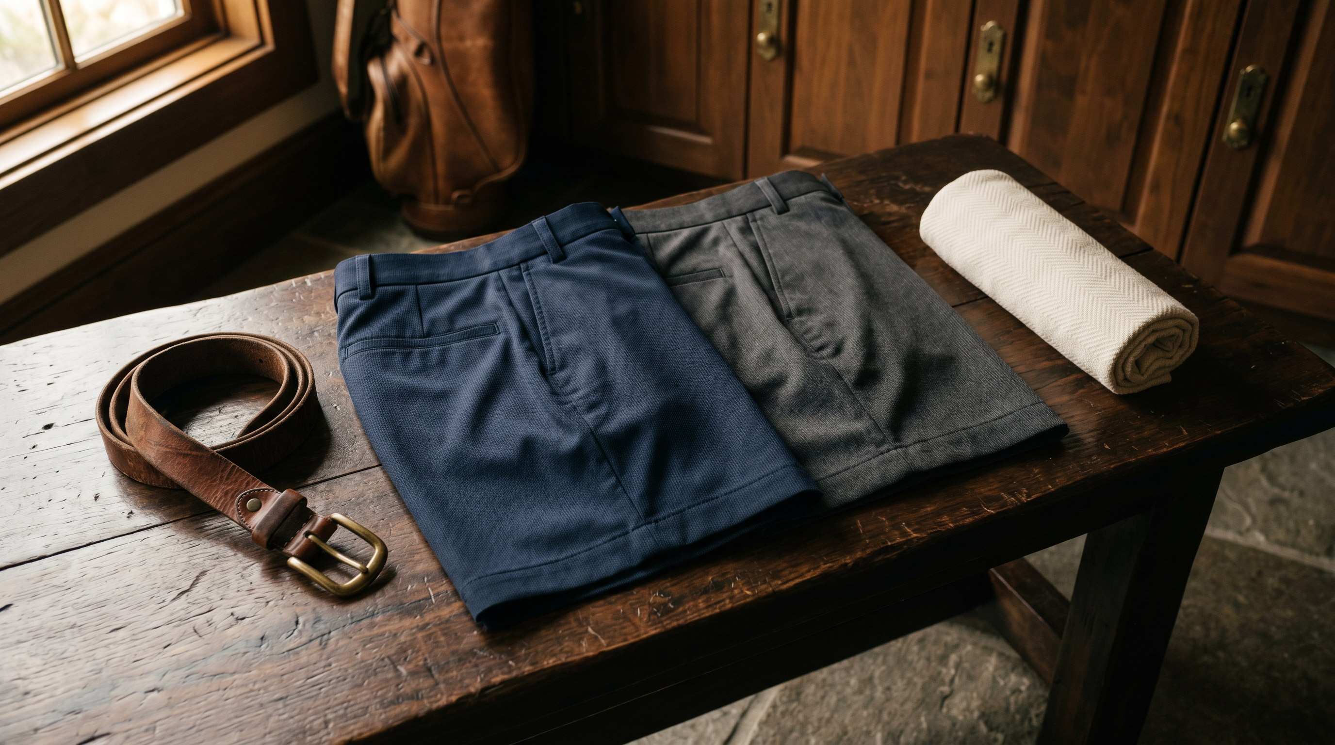Two pairs of tailored golf shorts folded on a walnut locker room bench next to a leather belt and rolled towel, warm morning light