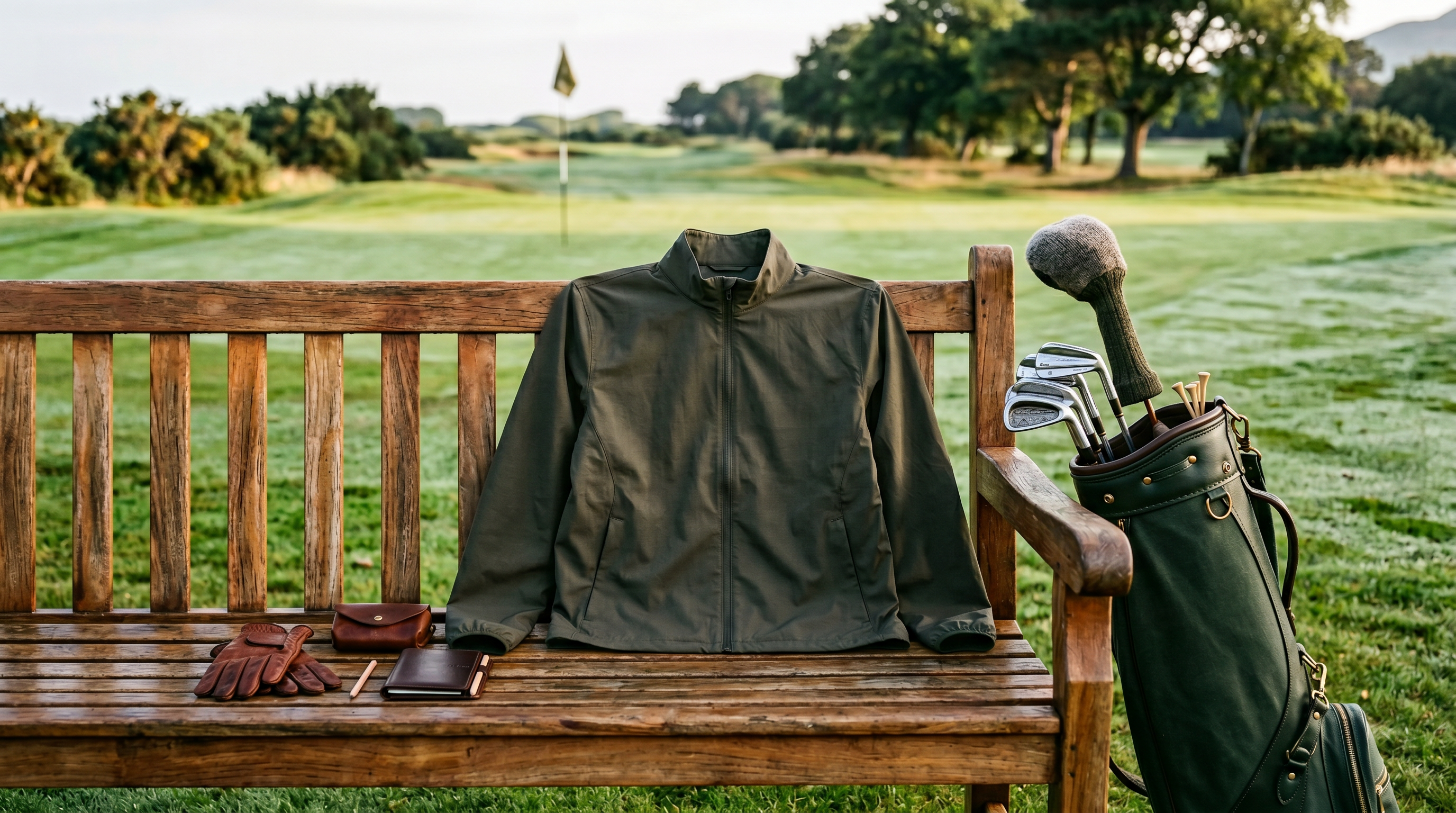 Forest green golf windbreaker laid on a wooden bench beside a leather wallet, gloves, and a set of clubs on a course at dawn