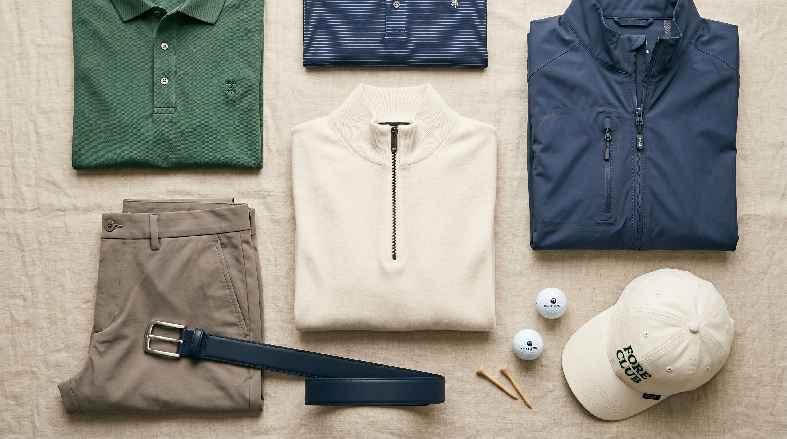 Curated flat lay of essential golf wardrobe pieces including polos, quarter-zip, trousers, belt, cap, and rain jacket on linen