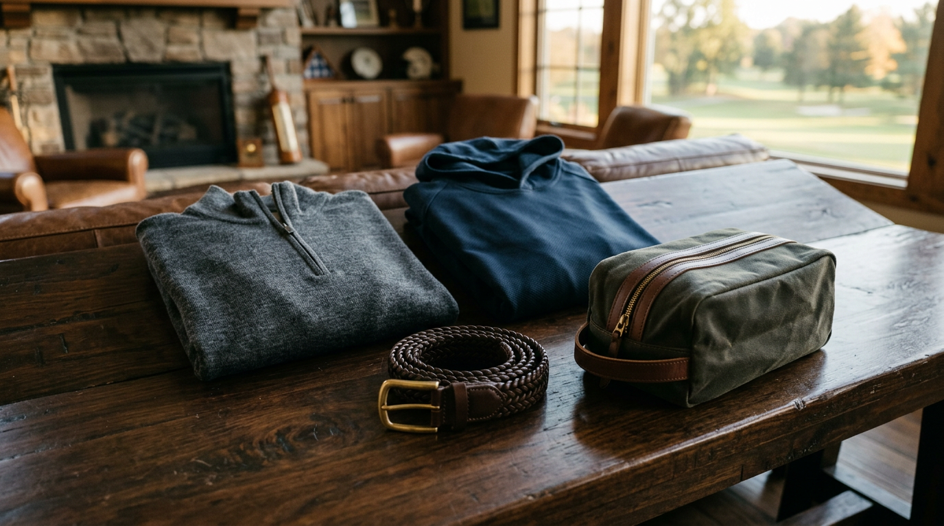 Quarter zip, performance hoodie, braided leather belt, and shoe bag arranged on a clubhouse table in warm morning light
