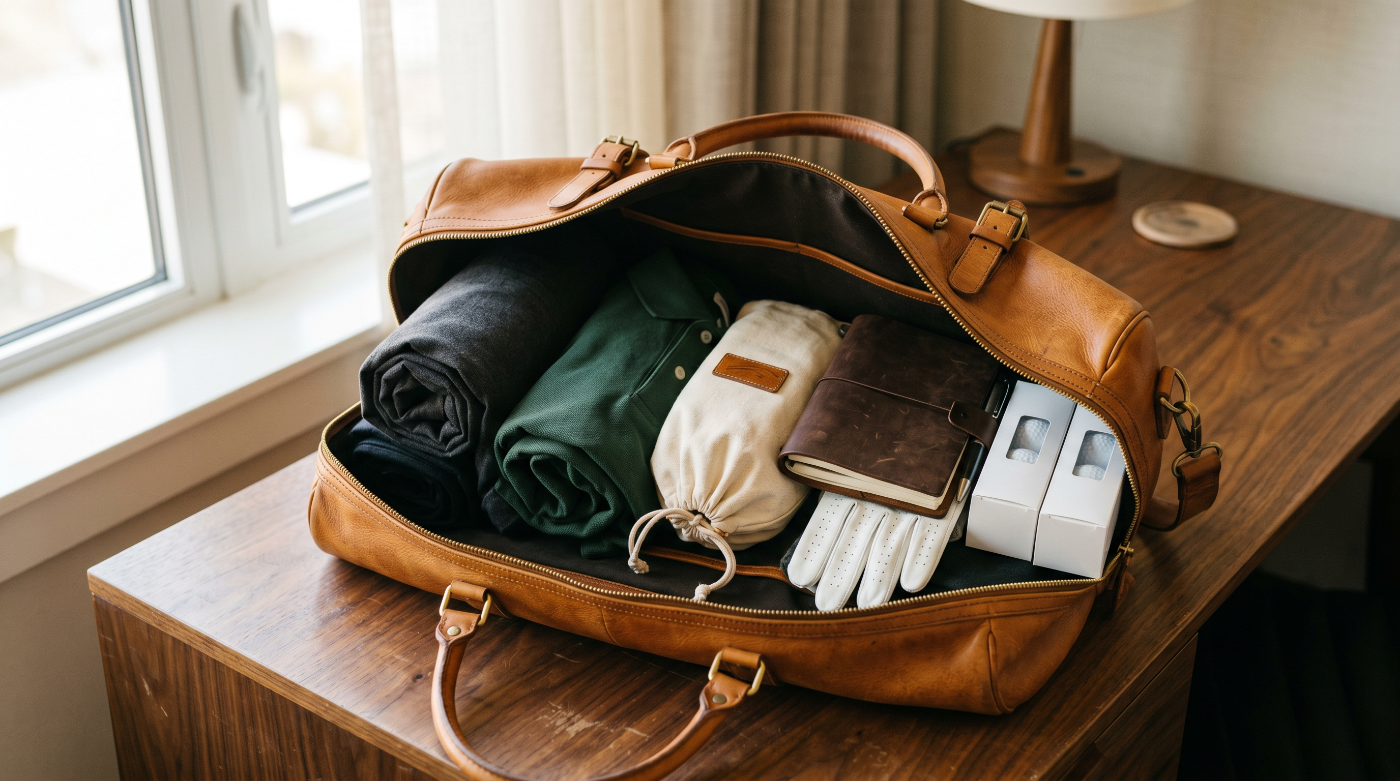 Open tan leather weekender duffel on a walnut hotel desk packed with rolled charcoal pants, a folded green polo, a canvas shoe bag, a leather yardage book, a golf glove, and three sleeves of golf balls.