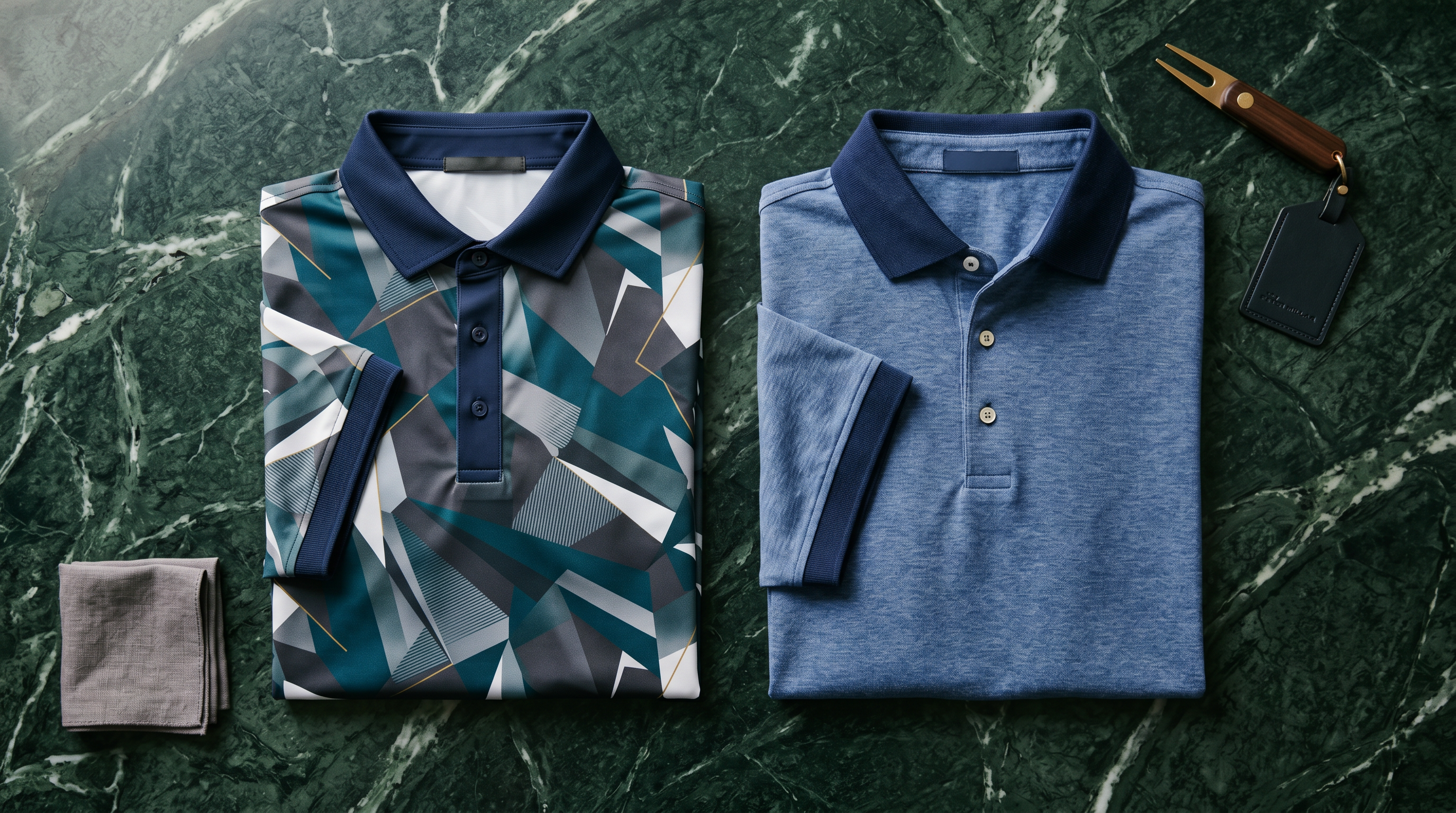 Two premium golf polos side by side on dark green marble, one with bold geometric pattern and one classic heather blue