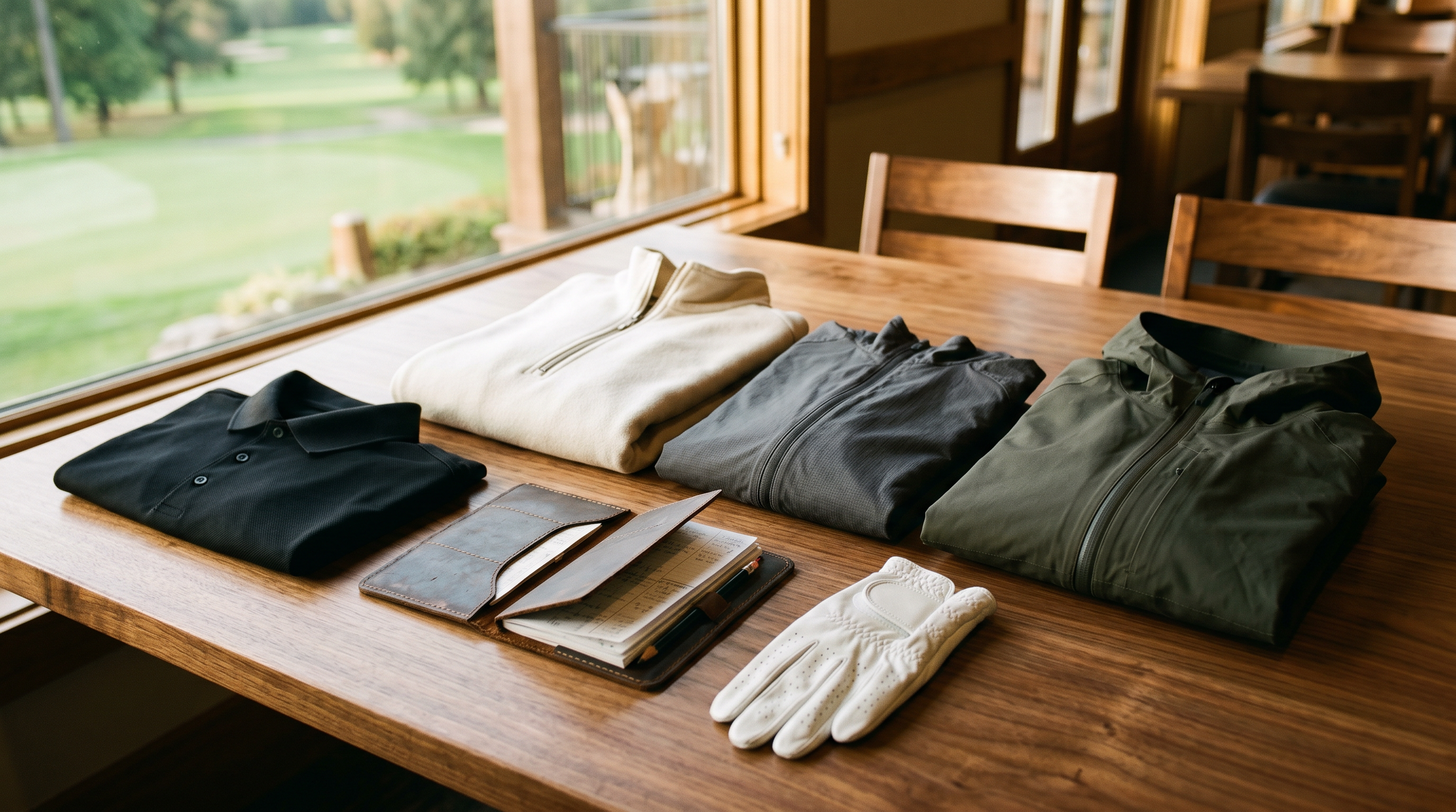Golf layering kit laid out on a wooden table with polo, quarter zip, and wind and rain layers
