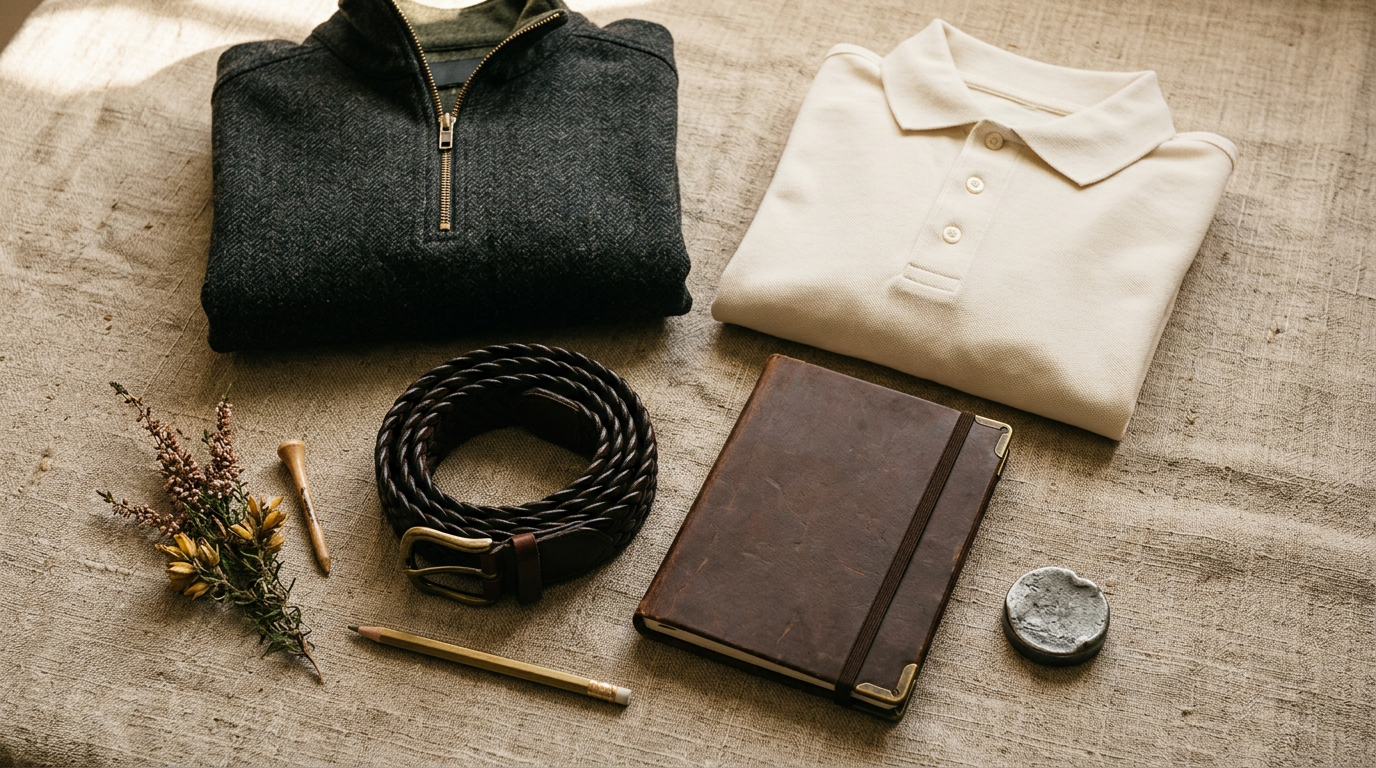 Editorial flat-lay of a charcoal heritage quarter-zip, cream cotton polo, hand-braided leather golf belt, leather yardage notebook, and pewter ball marker on natural linen.
