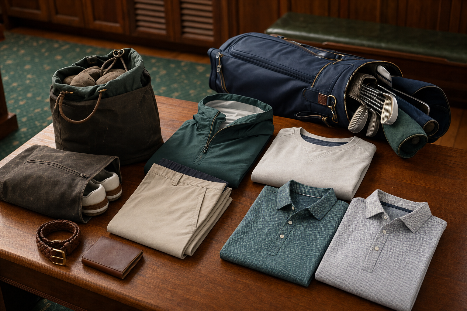 Packed golf travel flat lay with polos, shorts, wind layer, rain anorak, shoe bag, shag bag, belt, and yardage book cover on a wooden bench.