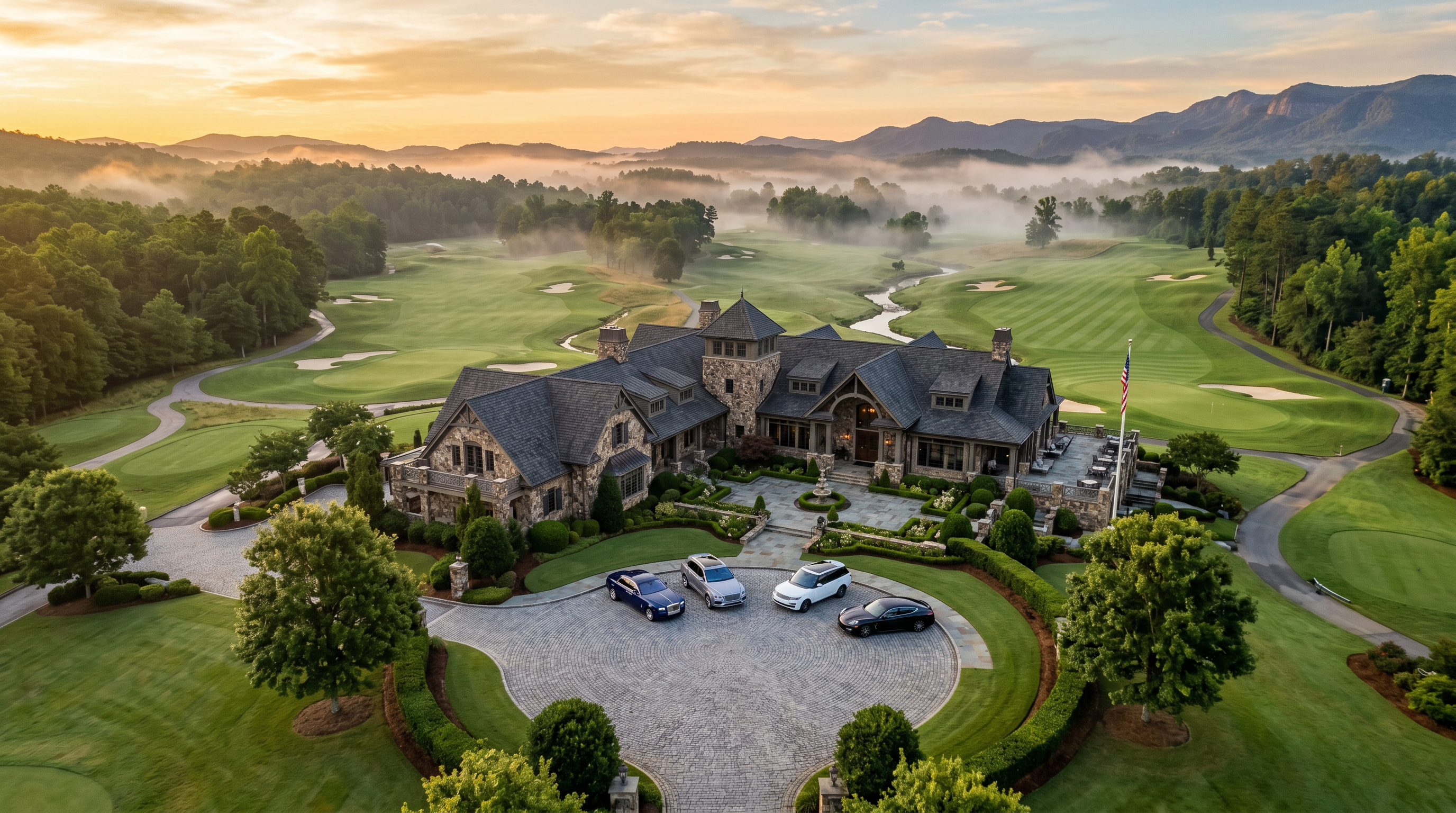 Aerial view of a pristine private golf course clubhouse at golden hour with morning mist over manicured greens