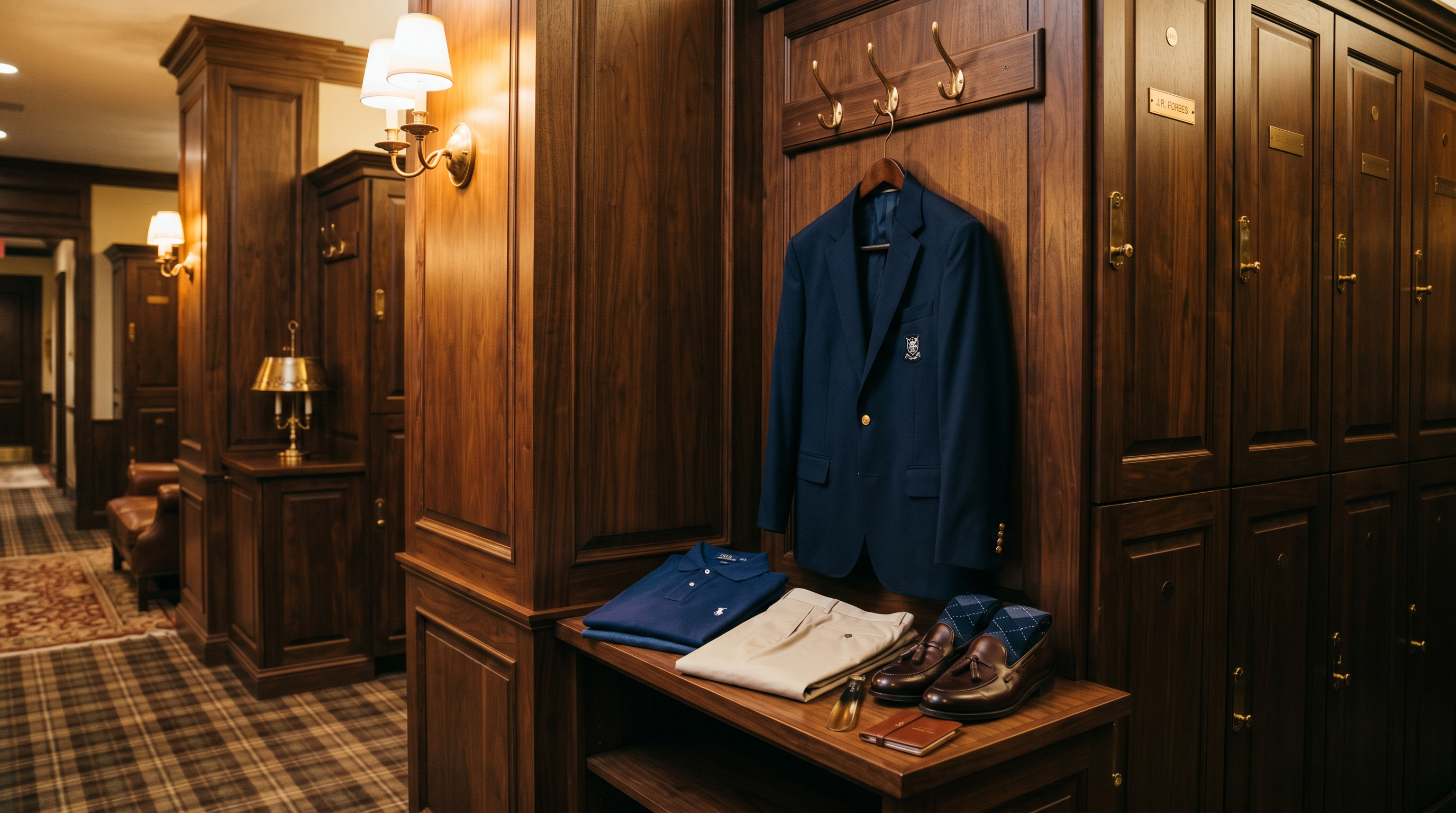 Elegant golf club locker room with dark wood paneling, a navy blazer on a brass hook, and premium golf attire on a bench