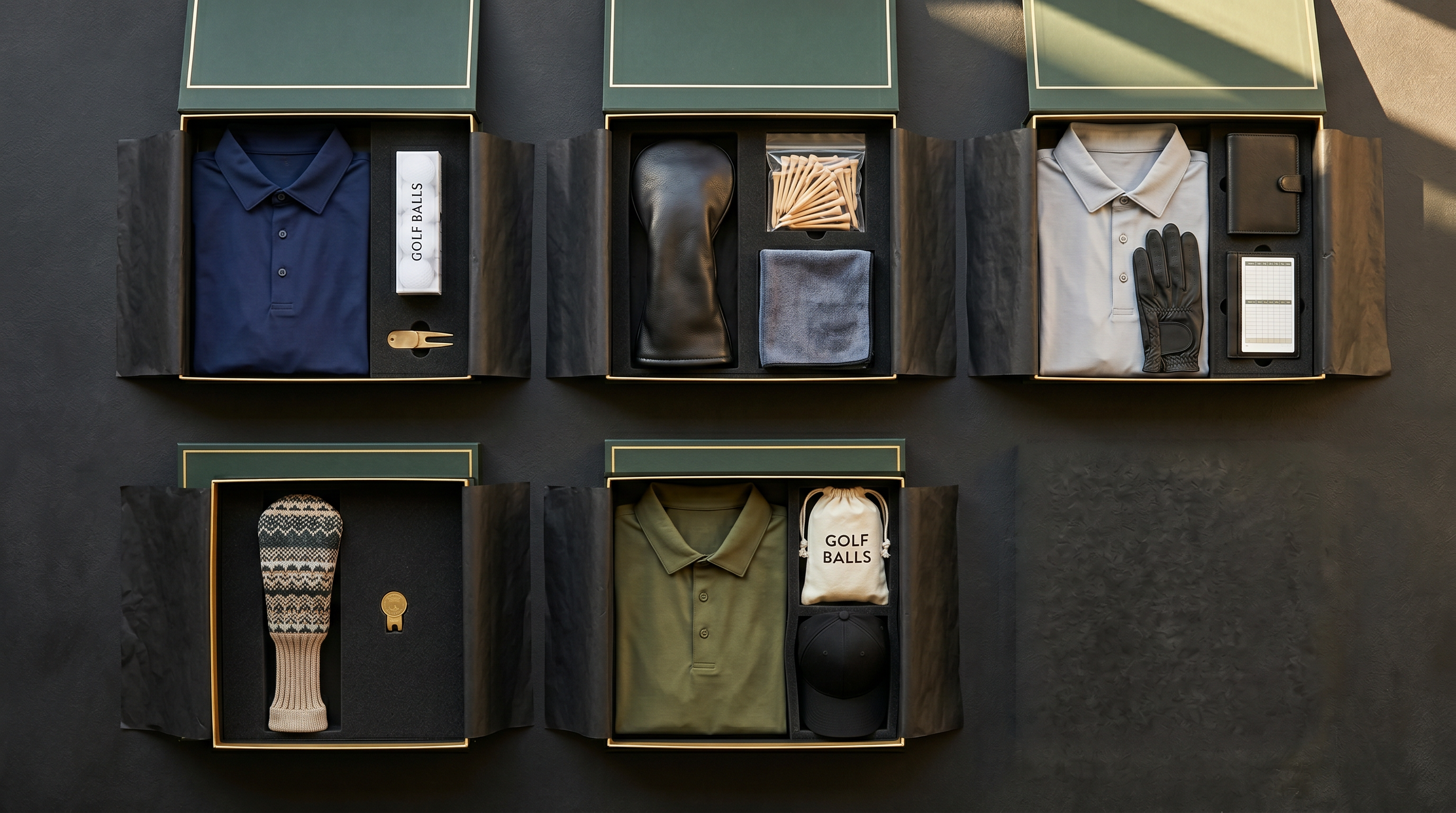 Five premium golf subscription boxes open and displaying curated gear including polos, headcovers, and accessories on dark surface
