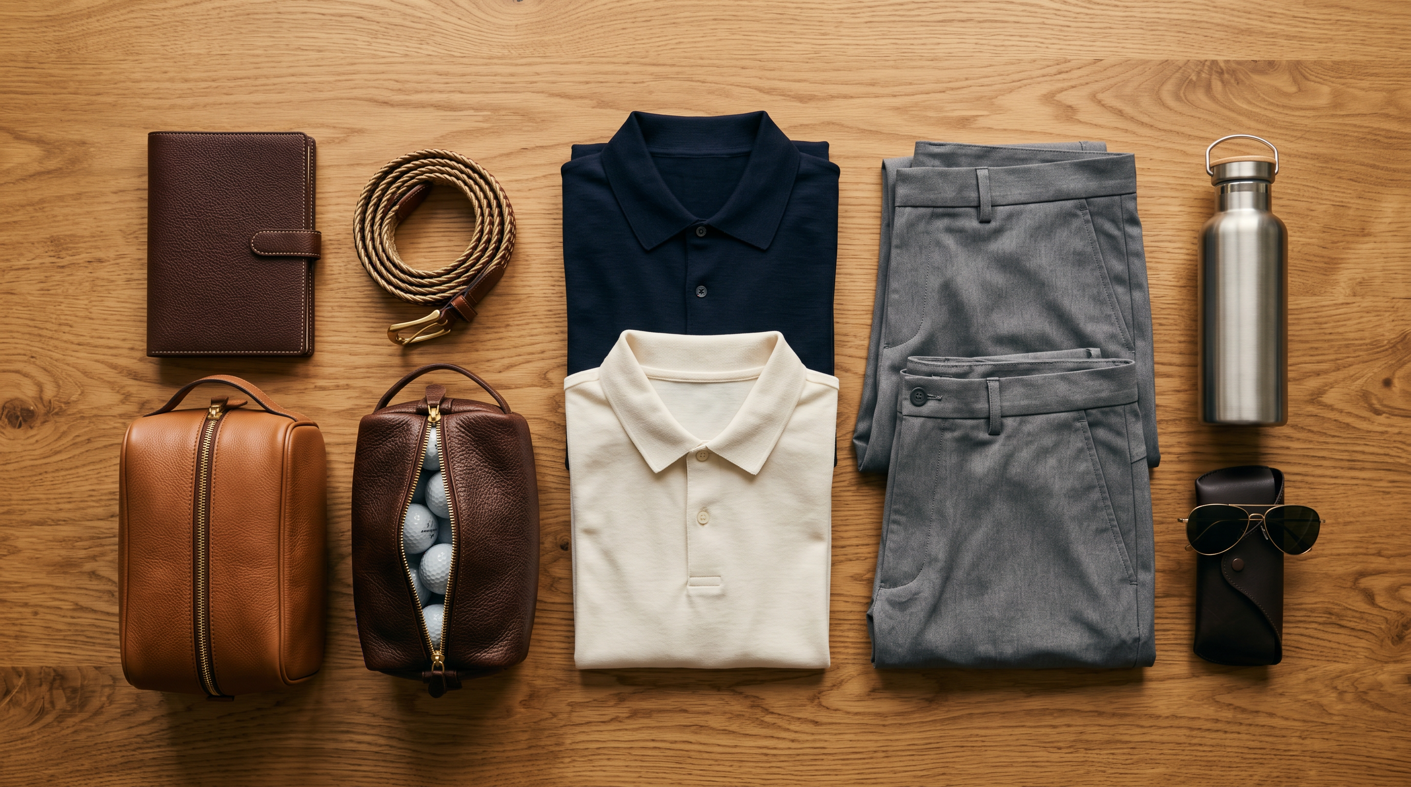 Top-down flat lay of a minimal golf trip packing setup with leather yardage book, woven belt, shoe bag, shag bag, navy and cream polos, gray commuter pants, water bottle, and aviator sunglasses on a warm oak table