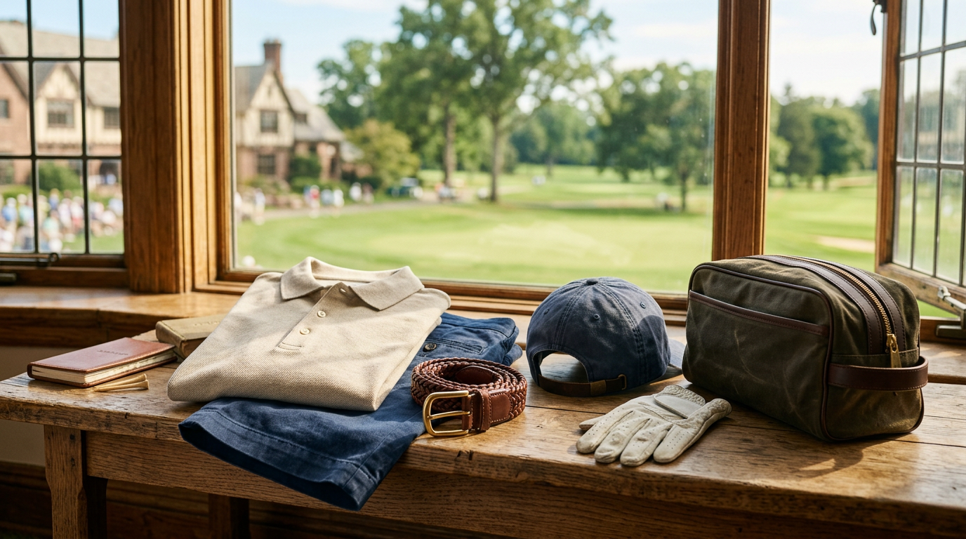 Tournament spectator outfit laid out: neutral polo, navy shorts, braided leather belt, cap, glove, and dopp kit on a clubhouse bench